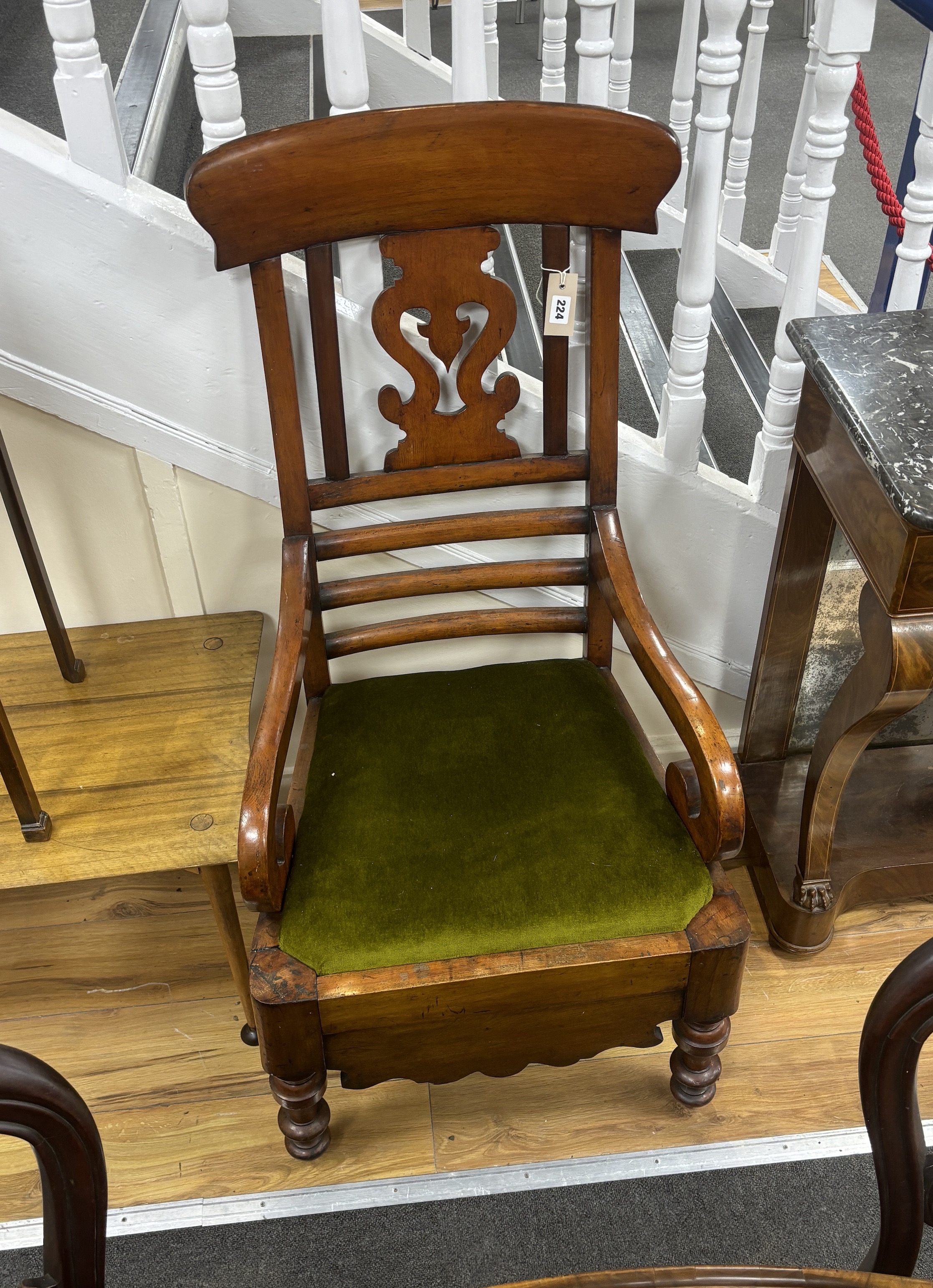 A Victorian mahogany commode elbow chair, width 55cm, depth 50cm, height 109cm